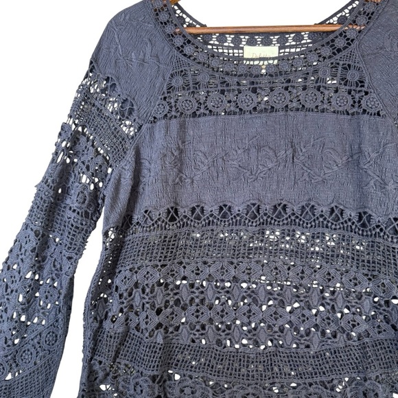 Deletta S (Anthropologie) Blue Crochet Long Sleeve Blouse Hi/Low Hem - Picture 4 of 13